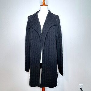 TALBOTS Open Front Cable Knit Long Cardigan XL Black Collar‎ Cotton Wool Casual